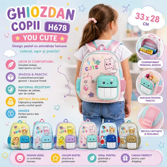 Ghiozdan copii H678 33×28 cm, imprimeuri pastel