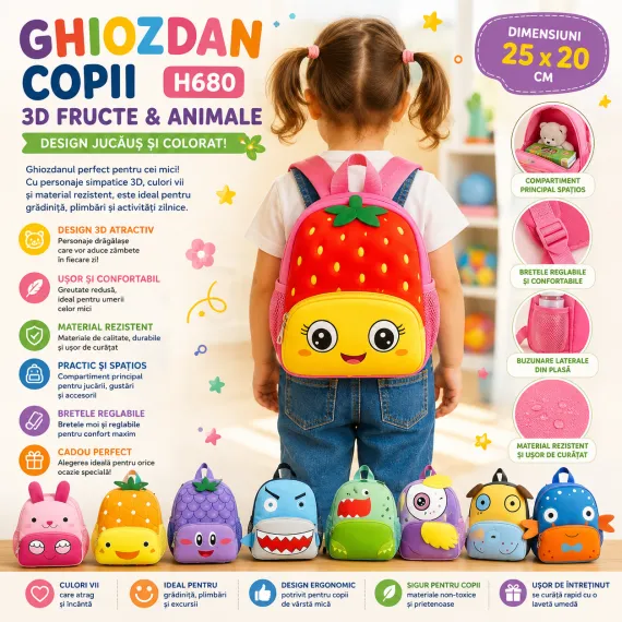 Ghiozdan copii H680 25×20 cm cu fructe și animale 3D