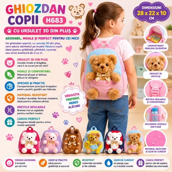 Ghiozdan copii H683 28x22x10 cm cu ursuleț 3D din pluș