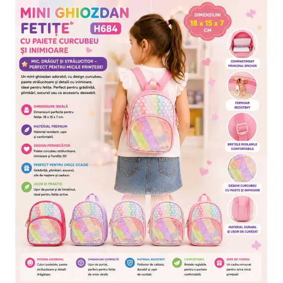 Mini ghiozdan pentru fete H684 cu paiete curcubeu, 18 x 15 x 7 cm