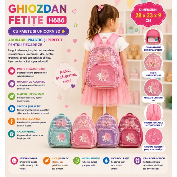 Ghiozdan fete unicorn H686 28x23x9 cm