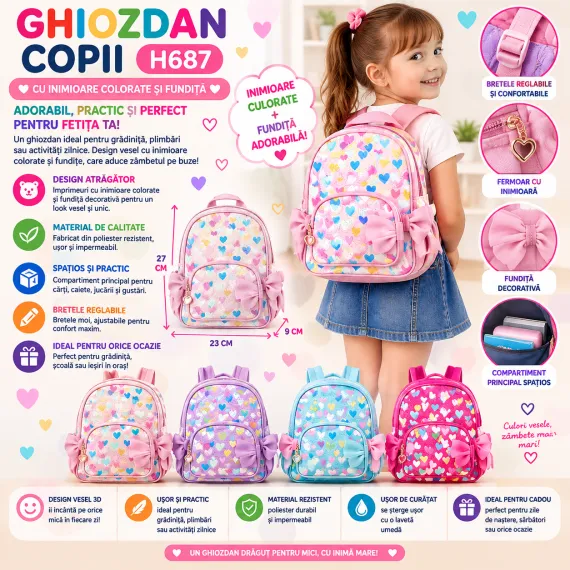 Ghiozdan fete H687 cu inimioare și fundiță 27x23x9 cm
