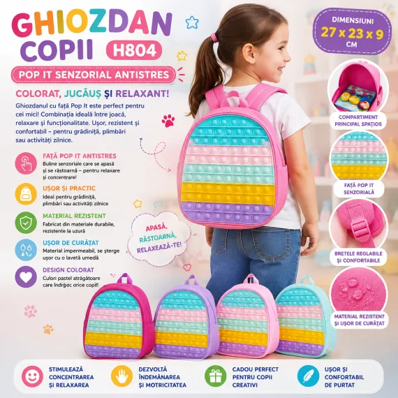 Ghiozdan copii H804 27x23x9 cm cu Pop It senzorial