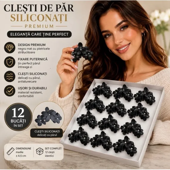 Clești de păr siliconați negri G448 - set 12 bucăți
