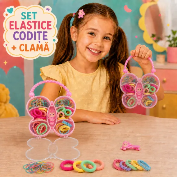 Set Elastice Codițe cu Clamă - Cutie Fluture