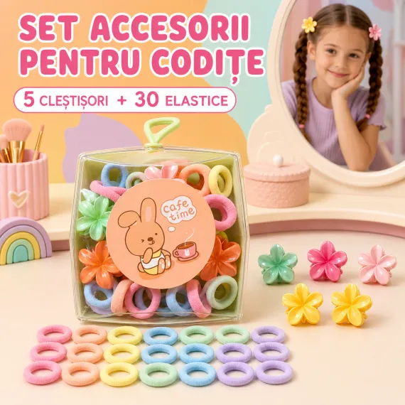 Set Accesorii de Păr pentru Copii - 5 Cleștișori și 30 Elastice