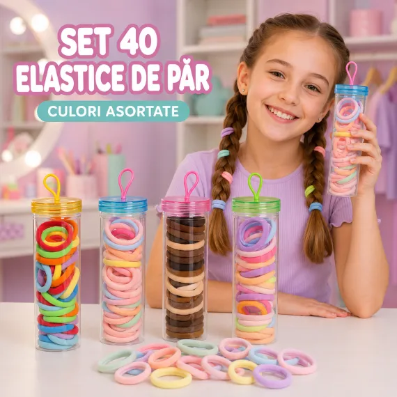 Set 40 Elastice de Păr pentru Copii - Culori Asortate