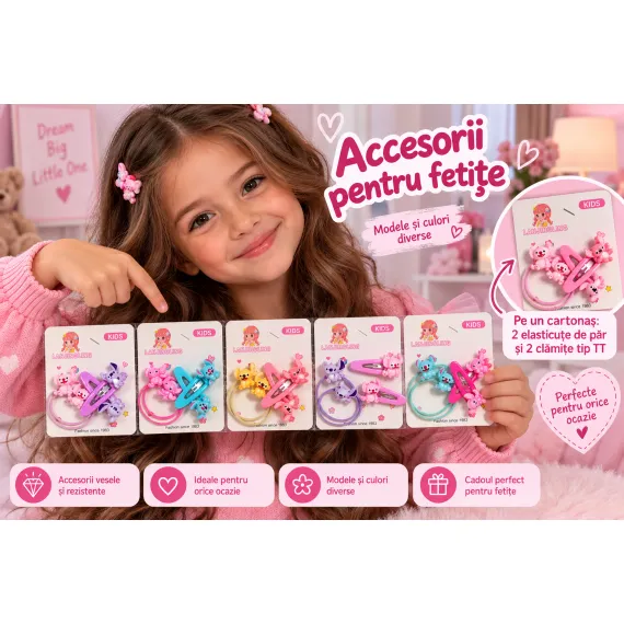 Accesorii Păr Fetițe - Folie 6 Cartonașe cu Elasticuțe și Clămițe TT