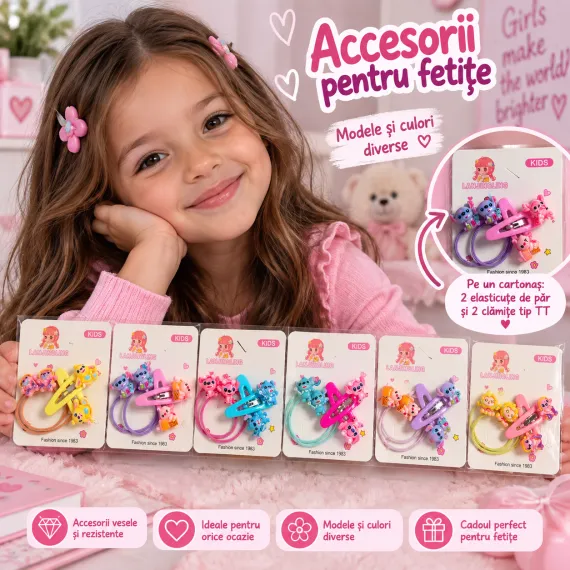 Accesorii Păr Fetițe - Folie 6 Cartonașe cu Elasticuțe și Clămițe TT