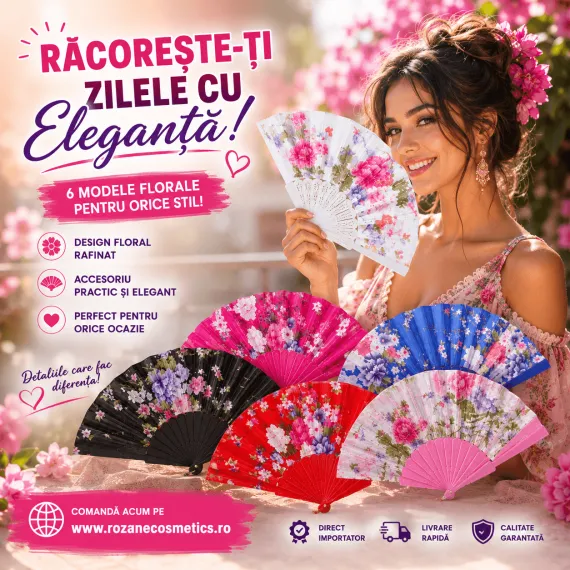Set de 12 evantaie textile cu imprimeu floral colorat, G427