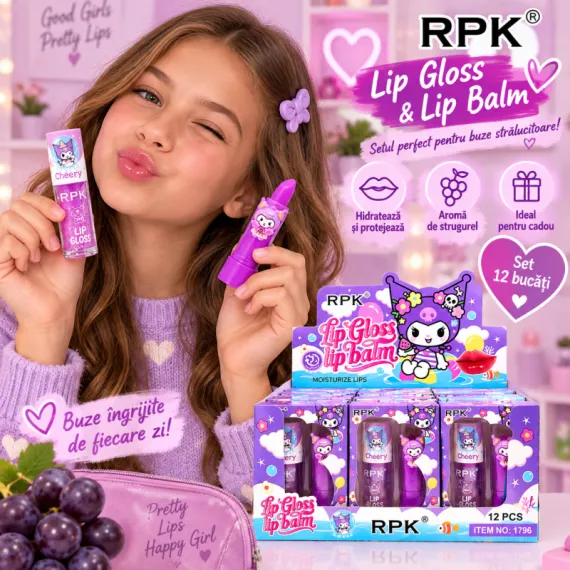 Set Balsam de Buze Tip Strugurel și Luciu de Buze Lip Gloss RPK 1796 - Set 12 Bucăți