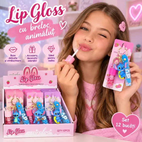 Luciu de Buze Micolor Magic Lip Gloss cu Breloc Animăluț L7207 - Set 12 Bucăți