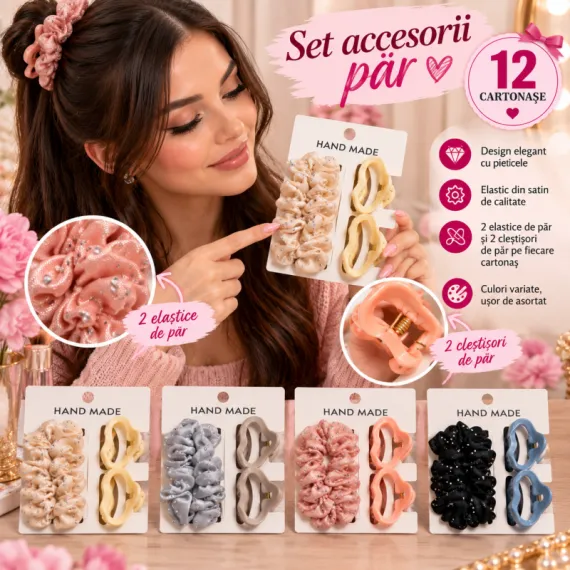 Set Accesorii Păr cu Elastice din Satin și Cleștișori Ondulați - Set 12 Cartonașe (48 Bucăți)