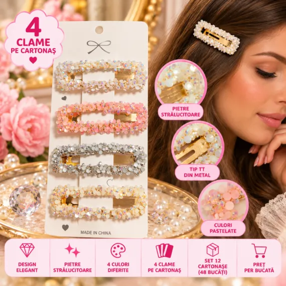 Clame de Păr Tip TT din Metal cu Pietre Strălucitoare Pastelate - Set 12 Cartonașe (48 Bucăți)