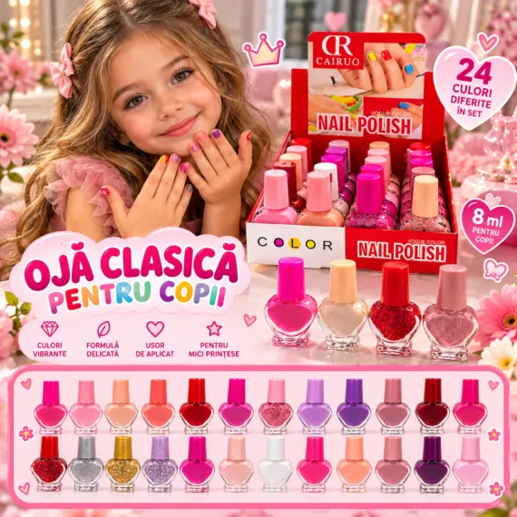Ojă Clasică pentru Copii Cairuo 8 ml - Set 24 Culori cu Sticluțe Inimioară - Cod 2042