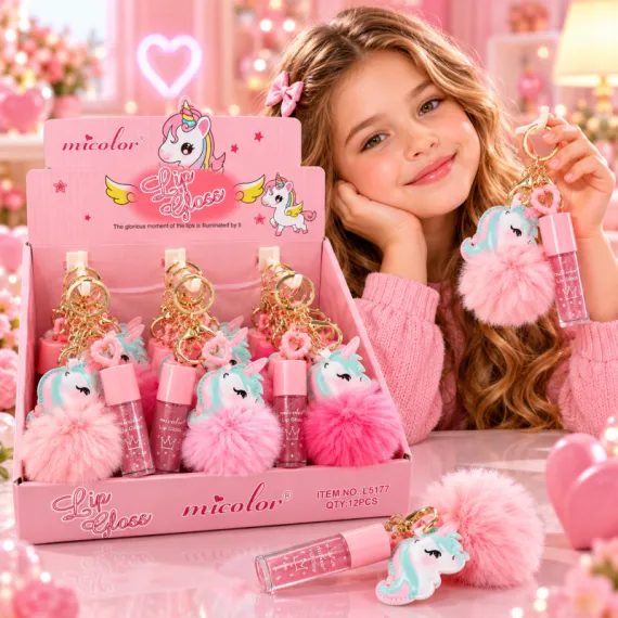 Luciu de Buze cu Breloc Unicorn și Pompon Pufos Micolor L5177 - Set 12 Bucăți