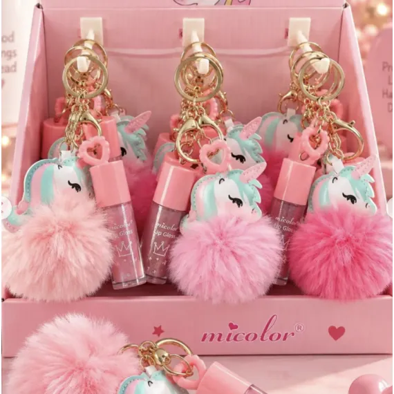 En-gros Luciu de Buze cu Breloc Unicorn și Pompon Pufos Micolor L5177 - Set 12 Bucăți - vânzare en-gros pentru revânzare