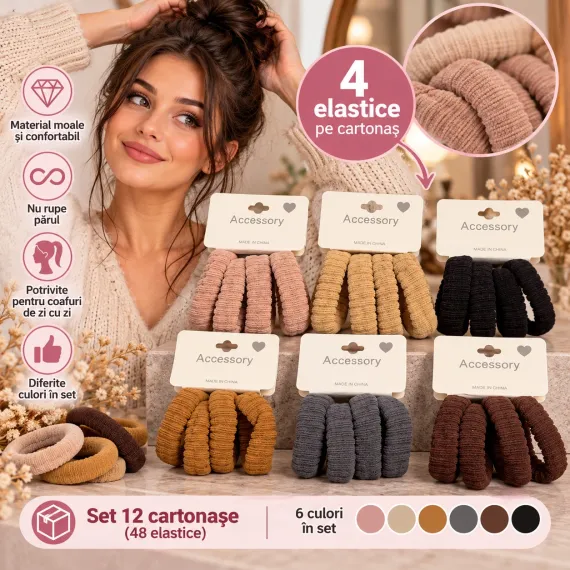 Set Accesorii de Păr Elastice Textile Groase Reiate - Set 12 Cartonașe (48 Bucăți)