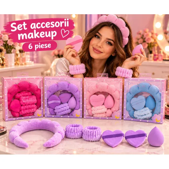 Set Accesorii Makeup cu Bentiță Pufoasă, Manșete și Bureței - 6 Piese
