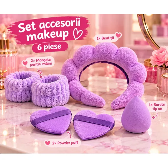 En-gros Set Accesorii Makeup cu Bentiță Pufoasă, Manșete și Bureței - 6 Piese - vânzare en-gros pentru revânzare