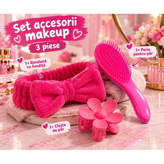 En-gros Set Accesorii Makeup cu Bentiță Pufoasă, Perie și Clește Floare - 3 Piese (Set 6 Cutii) - vânzare en-gros pentru revânzare