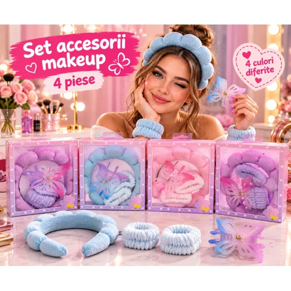 Set Accesorii Makeup cu Bentiță Pufoasă, Manșete și Clește Fluture - 4 Piese