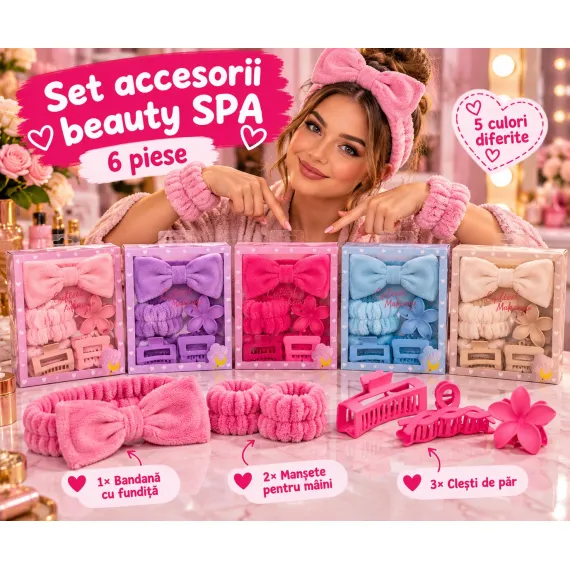 Set Accesorii Beauty SPA cu Bentiță, Manșete și Clești - 6 Piese