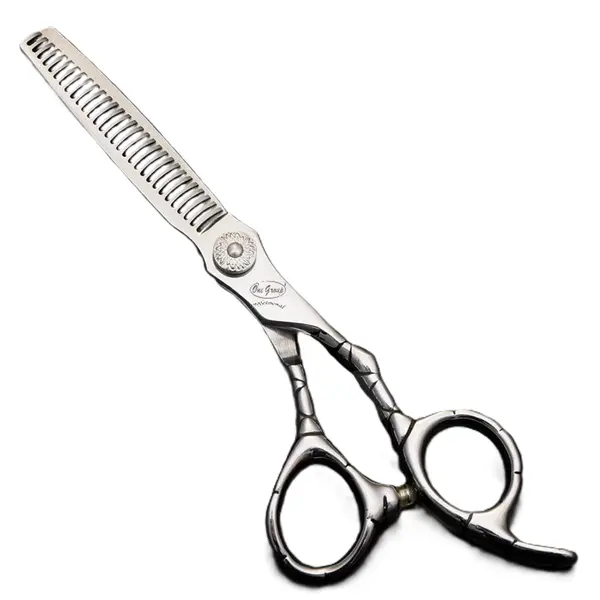 Foarfecă argintie de filat cu design dragon și lamă zimțată pentru texturare profesională