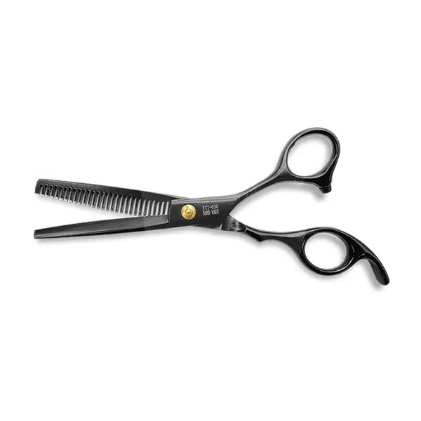 Foarfecă de filat neagră din inox, cu dinți uniformi pentru texturare și maner ergonomic pentru control fluid