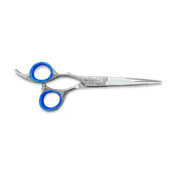 Foarfecă de tuns argintie cu inserții albastre și lame ultra-ascuțite, design ergonomic profesional