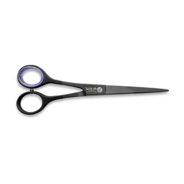 Foarfecă neagră de tuns fără codiță, cu lame ultra-ascuțite și design ergonomic pentru contururi și finisaje profesionale