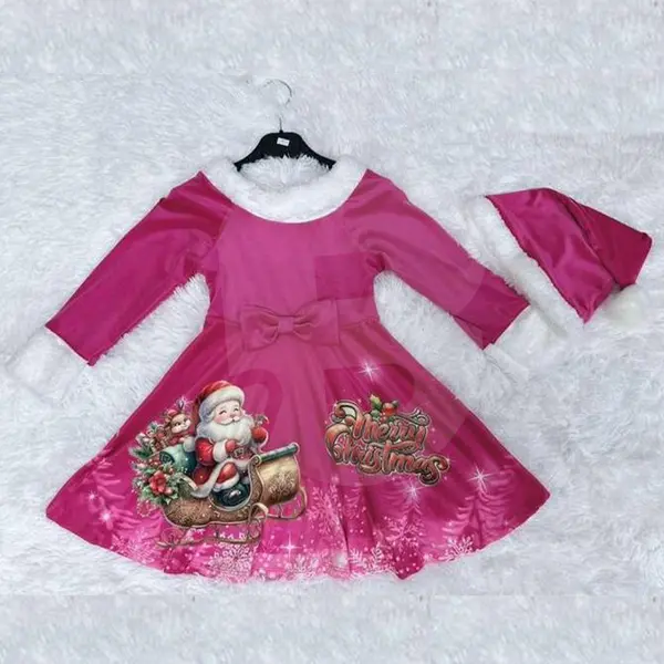 Rochiță Crăciun roz cu Moș Crăciun și căciuliță