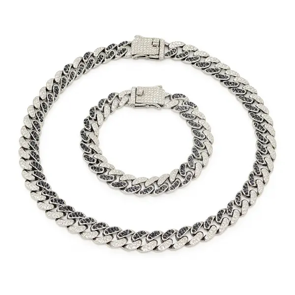 Set lanț și brățară Cuban argintiu cu cristale albe și negre