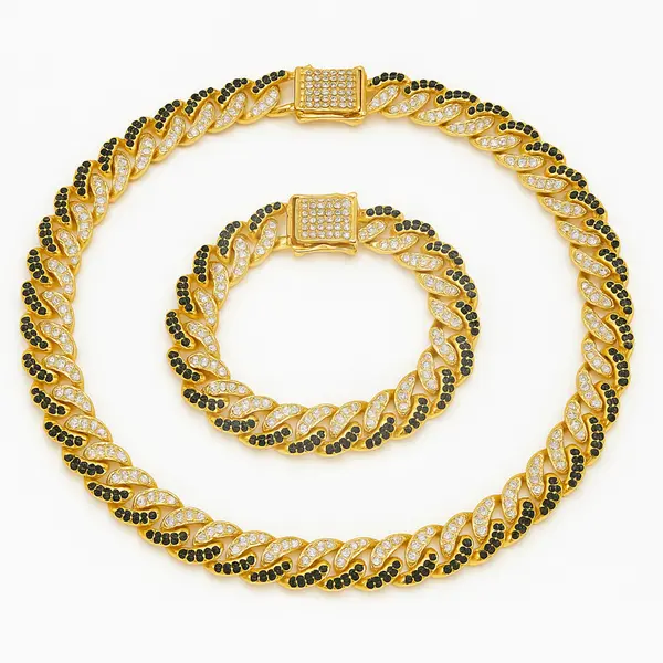 Set lanț și brățară Cuban auriu cu microcristale albe și negre