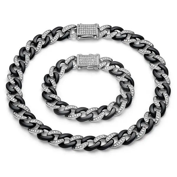 Set lanț și brățară Cuban bicolor negru–argintiu cu microcristale