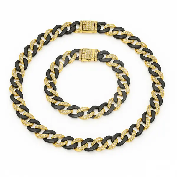 Set lanț și brățară Cuban bicolor negru-auriu cu cristale