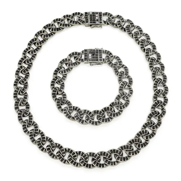 Set lanț și brățară model Cuban metal argintiu închis