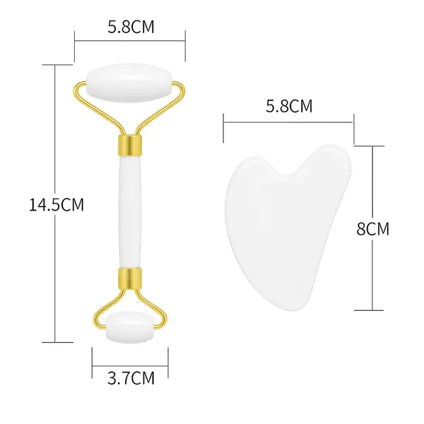 Set masaj facial 2 în 1 din piatră naturală albă cu roller și Gua Sha