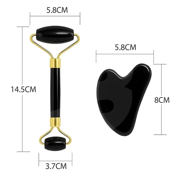 Set masaj facial 2 în 1 din piatră naturală neagră cu roller și Gua Sha