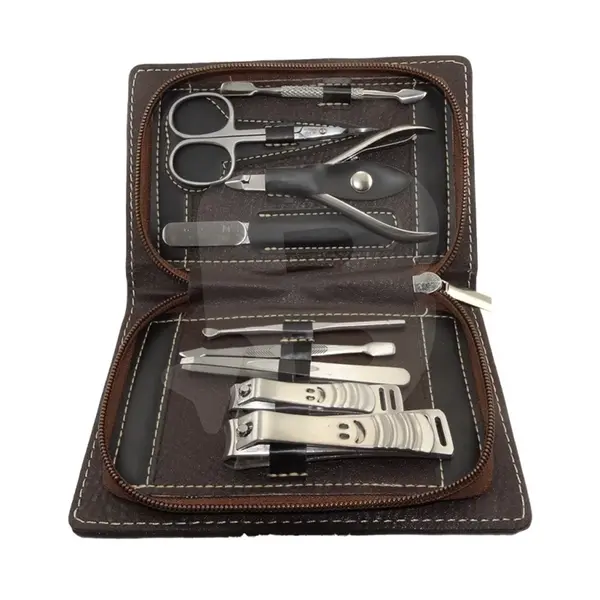 Trusă manichiură 783D cu 9 piese din inox în husă maro cu fermoar