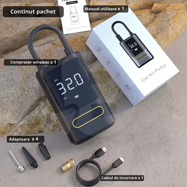 Conținut pachet compresor aer auto Roll Fast cu adaptoare și cablu USB