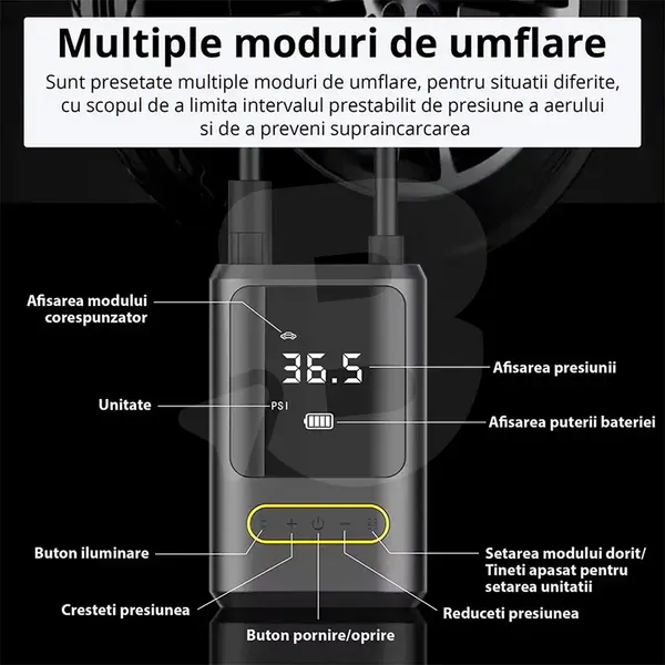 Compresor auto wireless cu baterie litiu și funcție power bank