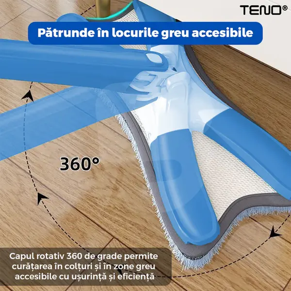 Detaliu cap mop în formă de X cu rotire 360° și lavetă din microfibră