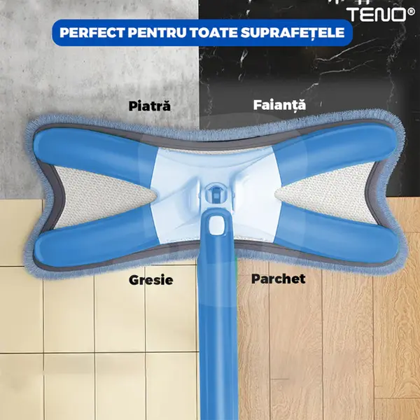 Mop cu cap în formă de X utilizat pe parchet, gresie și piatră