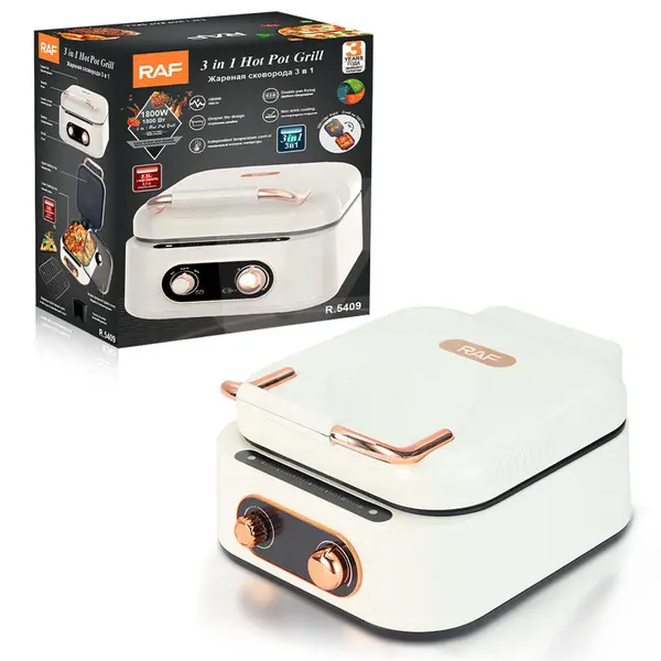 Multicooker electric RAF® 3 în 1 Hot Pot Grill și Tigaie dublă 1800W alb