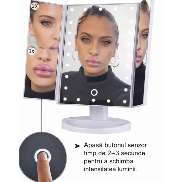 Oglindă cosmetică cu iluminare LED și control tactil pentru machiaj