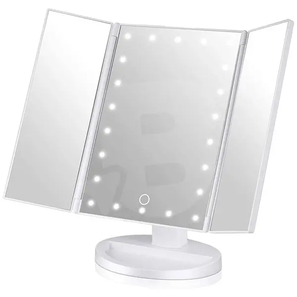 Oglindă cosmetică triplă cu LED și mărire 2X 3X 10X, ecran tactil, alimentare USB și baterii, rotație 180°