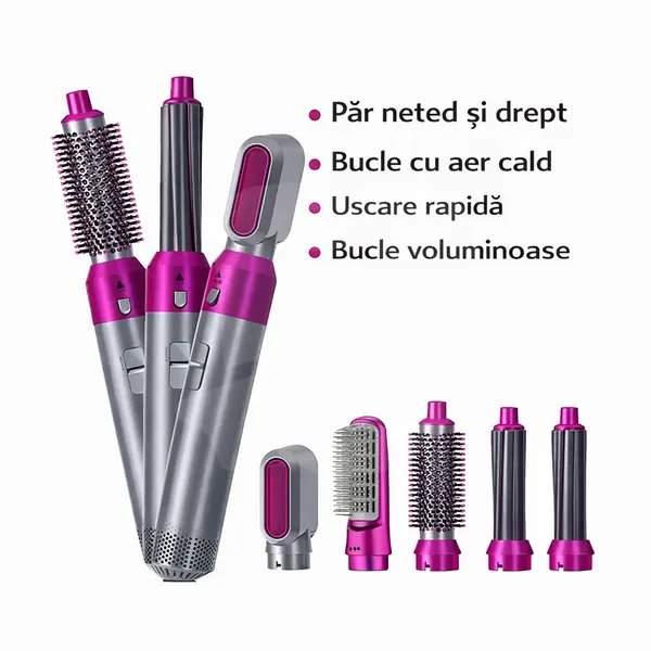 Detalii ondulator de păr cu uscător, control temperatură, filtru spate și accesorii