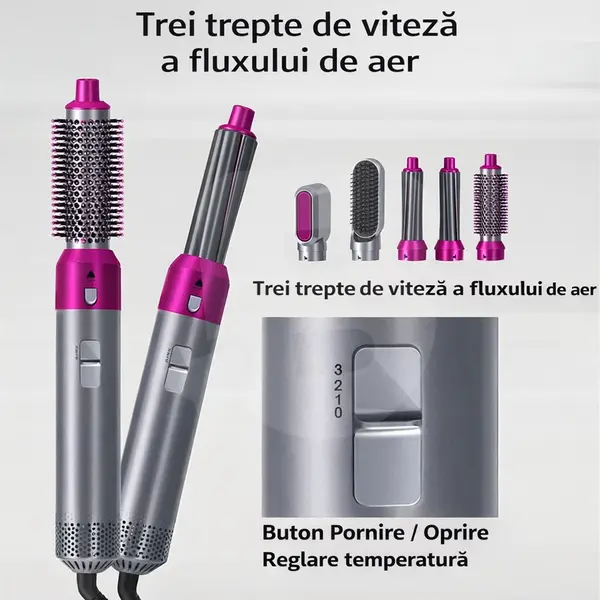 Ondulator de păr cu uscător 5 în 1, accesorii pentru păr neted, bucle și uscare rapidă