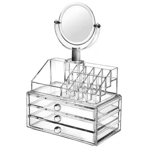 Organizator din acril pentru cosmetice și bijuterii cu oglindă rotativă 3x, compartimente și sertare